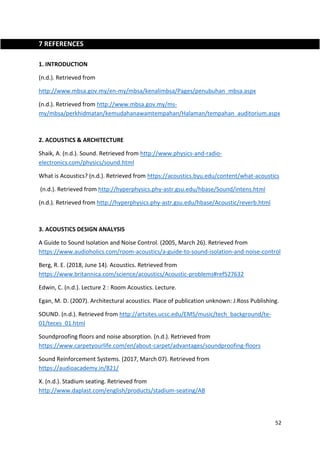 52
7 REFERENCES
1. INTRODUCTION
(n.d.). Retrieved from
http://www.mbsa.gov.my/en-my/mbsa/kenalimbsa/Pages/penubuhan_mbsa.aspx
(n.d.). Retrieved from http://www.mbsa.gov.my/ms-
my/mbsa/perkhidmatan/kemudahanawamtempahan/Halaman/tempahan_auditorium.aspx
2. ACOUSTICS & ARCHITECTURE
Shaik, A. (n.d.). Sound. Retrieved from http://www.physics-and-radio-
electronics.com/physics/sound.html
What is Acoustics? (n.d.). Retrieved from https://acoustics.byu.edu/content/what-acoustics
(n.d.). Retrieved from http://hyperphysics.phy-astr.gsu.edu/hbase/Sound/intens.html
(n.d.). Retrieved from http://hyperphysics.phy-astr.gsu.edu/hbase/Acoustic/reverb.html
3. ACOUSTICS DESIGN ANALYSIS
A Guide to Sound Isolation and Noise Control. (2005, March 26). Retrieved from
https://www.audioholics.com/room-acoustics/a-guide-to-sound-isolation-and-noise-control
Berg, R. E. (2018, June 14). Acoustics. Retrieved from
https://www.britannica.com/science/acoustics/Acoustic-problems#ref527632
Edwin, C. (n.d.). Lecture 2 : Room Acoustics. Lecture.
Egan, M. D. (2007). Architectural acoustics. Place of publication unknown: J.Ross Publishing.
SOUND. (n.d.). Retrieved from http://artsites.ucsc.edu/EMS/music/tech_background/te-
01/teces_01.html
Soundproofing floors and noise absorption. (n.d.). Retrieved from
https://www.carpetyourlife.com/en/about-carpet/advantages/soundproofing-floors
Sound Reinforcement Systems. (2017, March 07). Retrieved from
https://audioacademy.in/821/
X. (n.d.). Stadium seating. Retrieved from
http://www.daplast.com/english/products/stadium-seating/AB
 