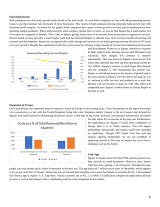 Operating Income
Both companies are obviously growth stocks based in the tech world. As such both companies are fine with taking operating income
losses to get their product into the hands of more businesses. This results in both companies having extremely high growth rates with
lackluster profit margins. As shown by the graphs, both companies have great revenue growth over time and are pushing down their
operating margin gradually. When analyzing how each company spends their revenue, we can see that Square has a much higher cost
of revenue as compared to Shopify. This is due to Square getting much more of its revenue from transactions as opposed to services.
Service based revenue provides a much higher yield and has allowed Shopify to allocate more of its revenue towards advertising and
research and development. Square has recognized this reality though and services are its fastest growing revenue division (a 95% year
over year growth). Shopify has capitalized on this low-cost revenue by infusing a large amount of revenue into marketing and research
and development. However, as Square continues to increase
its high yield revenue through services and Merchant Cash
Advances, their margins will continue to improve
substantially. This was shown in Square’s most recent 10-K
where they reported that they cut their operating income by
116 million. Square’s volume is much larger than Shopify
and the company is still maintaining this growth rate.
Square is still taking losses in the interest of growth and as
the more mature company it will be able to leverage its size
to continue to offer services and products on a scale that
Shopify will not be able to keep up with. This effect will
compound once Square’s market share in Europe begins to
develop as well.
Expansion to Europe
CEO Jack Dorsey has expressed plans to expand to much of Europe in the coming years. Their investments in the region have been
very conservative so far, with the United Kingdom being their only European market. Europe is the next logical step forward for
Square with small businesses dominating the private sector in that part of the world. However, international markets have accounted
for only about 4% of revenue in the past year. Furthermore,
the marketplace for Square is much more competitive in
Europe than it is in North America. This will impact
profitability substantially and require much more spending
on marketing. Though CFO Sarah Friar has said she
expects ongoing momentum, we are not confident in
projecting growth at this time as Square has yet to face a
challenge such as this before.
Cash App
Square is mostly known for their POS systems and services
they provide to small businesses. However, their Square
Cash has been gaining a lot of traction. Through this app,
people can send money easily, either for personal or business use. The app achieved 7 million active users in December, which appears
to be on par with that of Venmo. Venmo has not yet released their monthly active users, but Square is currently the No. 1 downloaded
free finance app in Apple’s U.S. App Store. Venmo currently sits at No. 2, so while it is difficult to compare the applications directly
for now, it is clear that Square Cash is establishing itself as a real competitor in this market.
6
 