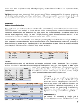 business model, but at this point the volatility of both Square’s pricing and that of Bitcoin are likely to deter investment and lead to
lower valuations.
Our View: It seems that Square is not strongly tied to success or failure of Bitcoin; they are simply being advantageous. Say what you
will about individual cryptos, but many believe that blockchain will become instrumental to business operations in the future. If
Square were able to position themselves as an easy means for businesses to enter the chain, it could prove to be very beneficial.
Security Risk:
Breach of Customer Business Data:
Bear Case: In recent years, we have seen the work of hackers inflict detrimental damage on some of the most established names in the
corporate world (think Target and Sony), so naturally there is an assumed risk for any company that possess confidential personal and
financial data of their customer base. A partnership with Square requires bank account information, a social security number and an
individual taxpayer identification number. The Square Cash app also reveals credit or debit card information and allows for easy
transactions, both of which may be exploited by someone targeting Square and their customers.
Our View: We believe there is no outstanding reason that anybody would target Square specifically. Anyone seeking to attack Square
would likely target customer information or point-of-sale transactions at Square customer businesses. Unfortunately, the integrity of
Square’s hardware and software security is something that will only become known in the case of an attack, so any sort of speculation
concerning the risk of a breach relating to valuation of Square is highly speculative.
Valuation:
We used a weighted discounted cash flow evaluation and comparable multipliers to arrive at a target price of $56.22. We assigned a
weight of 90% to the DCF and 10% to the comparable multiplier. We gave the DCF such a high weight because of the lack of relevant
data of similar companies and our belief that Square will continue to grow and take
more of the market share. Also, we gave the comparables such a low weight due to
the fact that most companies similar to Square were also not generating profit yet,
so their metrics were not accurate estimates of Square’s future.
DCF (90%)
We weighted the Base case worth 50% of the total evaluation.
The Bear and Bull cases are only worth 25% of the weight
because their likelihood of happening is not as probable as the
Base case. The adjusted WACC that we used was 10.69% with
a 3.5% idiosyncratic risk included in this because of the high
volatility associated with Square’s stock. We used a beta of
1.77, which we determined by running a linear regression with
Square and the Nasdaq. For more detail see Appendix 5.
Comparables (10%)
We weighted the comparables as follows: 50% to
Software-Application companies like Square (Shopify, Intuit,
8
 