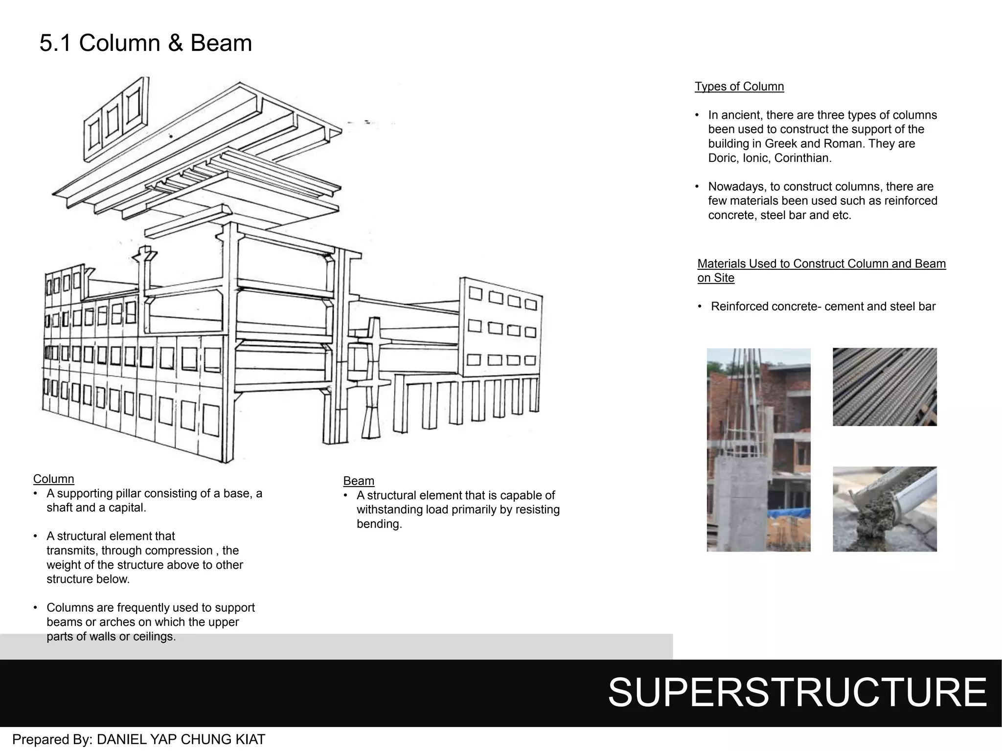 5.1 Column & Beam
Types of Column
• In ancient, there are three types of columns
been used to construct the support of the
building in Greek and Roman. They are
Doric, Ionic, Corinthian.
• Nowadays, to construct columns, there are
few materials been used such as reinforced
concrete, steel bar and etc.

Materials Used to Construct Column and Beam
on Site
• Reinforced concrete- cement and steel bar

Column
• A supporting pillar consisting of a base, a
shaft and a capital.
• A structural element that
transmits, through compression , the
weight of the structure above to other
structure below.

Beam
• A structural element that is capable of
withstanding load primarily by resisting
bending.

• Columns are frequently used to support
beams or arches on which the upper
parts of walls or ceilings.

SUPERSTRUCTURE
Prepared By: DANIEL YAP CHUNG KIAT

 