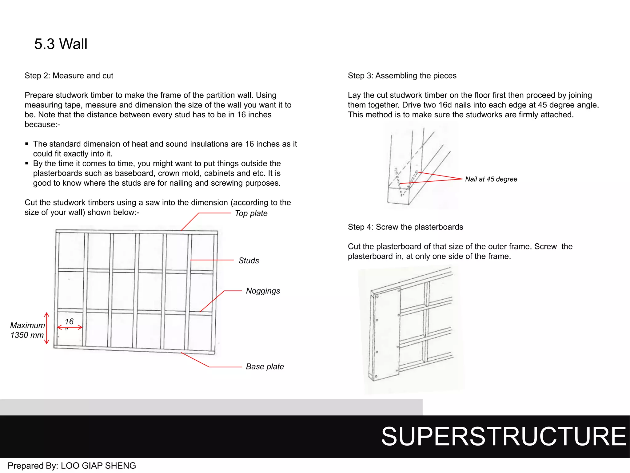 5.3 Wall
Step 2: Measure and cut

Step 3: Assembling the pieces

Prepare studwork timber to make the frame of the partition wall. Using
measuring tape, measure and dimension the size of the wall you want it to
be. Note that the distance between every stud has to be in 16 inches
because:-

Lay the cut studwork timber on the floor first then proceed by joining
them together. Drive two 16d nails into each edge at 45 degree angle.
This method is to make sure the studworks are firmly attached.

 The standard dimension of heat and sound insulations are 16 inches as it
could fit exactly into it.
 By the time it comes to time, you might want to put things outside the
plasterboards such as baseboard, crown mold, cabinets and etc. It is
good to know where the studs are for nailing and screwing purposes.

Nail at 45 degree

Cut the studwork timbers using a saw into the dimension (according to the
size of your wall) shown below:Top plate
Step 4: Screw the plasterboards

Studs

Cut the plasterboard of that size of the outer frame. Screw the
plasterboard in, at only one side of the frame.

Noggings

Maximum
1350 mm

16
”

Base plate

SUPERSTRUCTURE
Prepared By: LOO GIAP SHENG

 