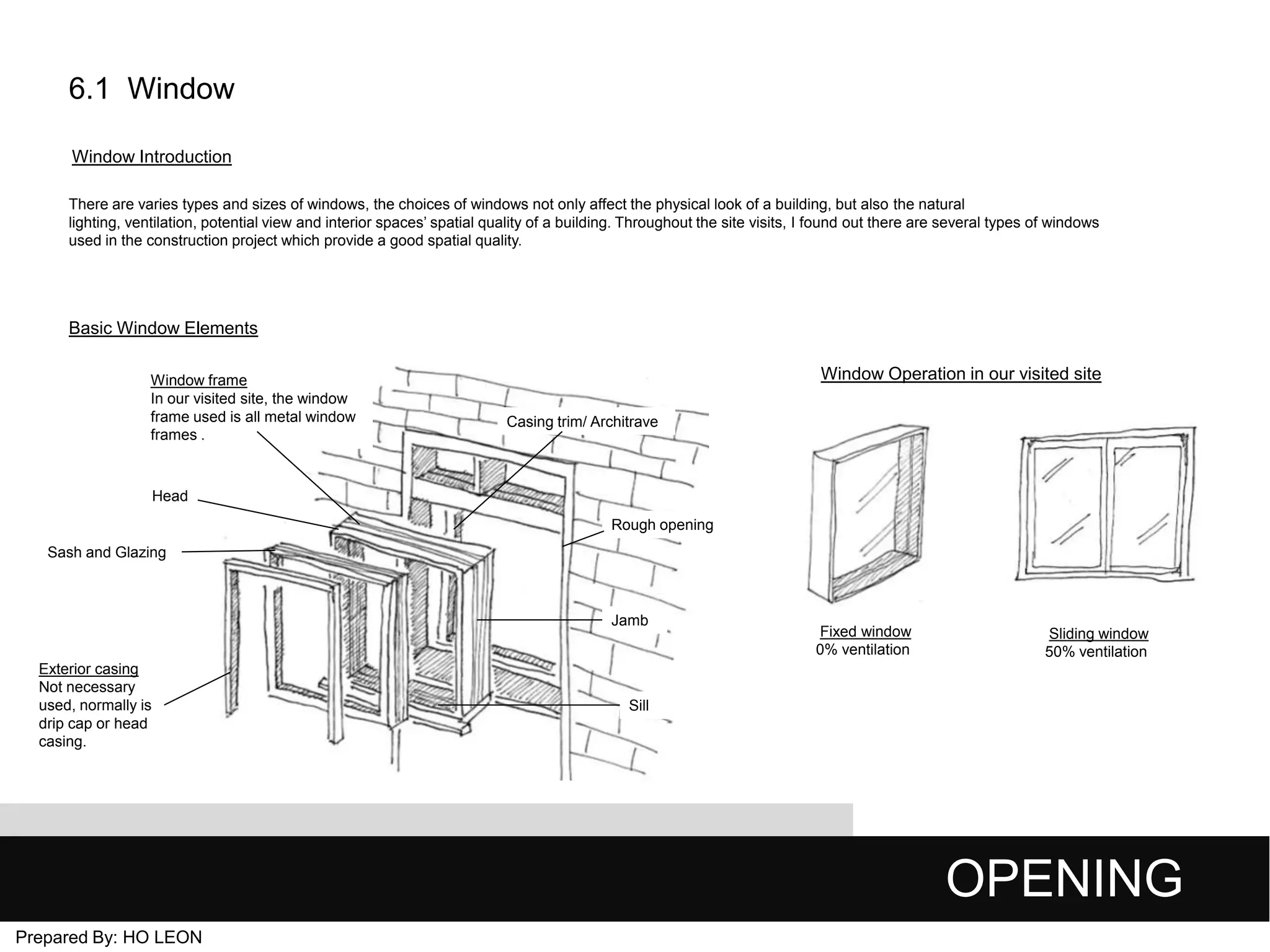 6.1 Window
Window Introduction
There are varies types and sizes of windows, the choices of windows not only affect the physical look of a building, but also the natural
lighting, ventilation, potential view and interior spaces’ spatial quality of a building. Throughout the site visits, I found out there are several types of windows
used in the construction project which provide a good spatial quality.

Basic Window Elements
Window frame
In our visited site, the window
frame used is all metal window
frames .

Window Operation in our visited site
Casing trim/ Architrave

Head
Rough opening
Sash and Glazing

Jamb
Exterior casing
Not necessary
used, normally is
drip cap or head
casing.

Fixed window
0% ventilation

Sliding window
50% ventilation

Sill

OPENING
Prepared By: HO LEON

 