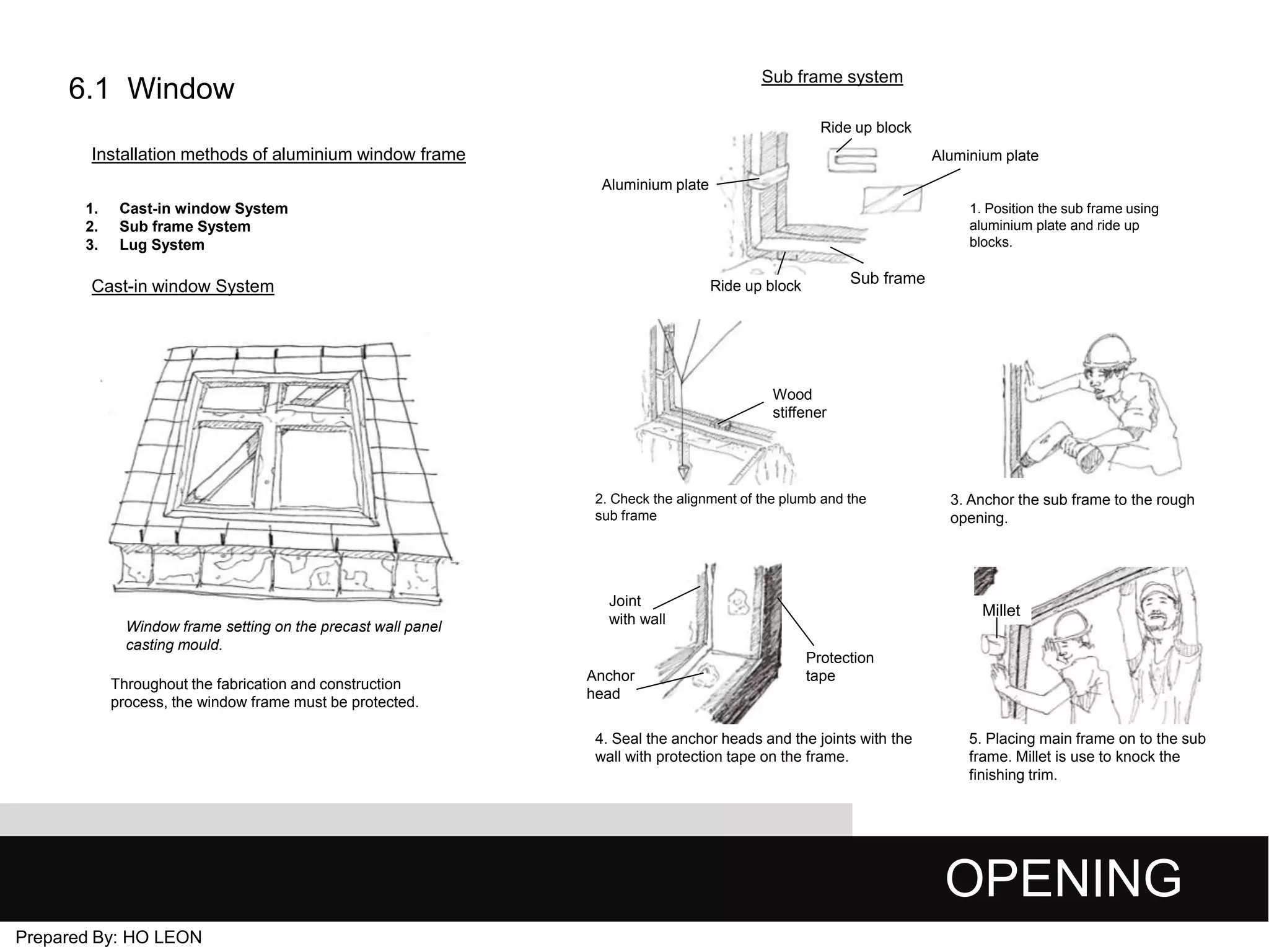 Sub frame system

6.1 Window

Ride up block

Installation methods of aluminium window frame

Aluminium plate
Aluminium plate

1.
2.
3.

Cast-in window System
Sub frame System
Lug System

1. Position the sub frame using
aluminium plate and ride up
blocks.

Cast-in window System

Sub frame

Ride up block

Wood
stiffener

2. Check the alignment of the plumb and the
sub frame

Window frame setting on the precast wall panel
casting mould.

Throughout the fabrication and construction
process, the window frame must be protected.

Joint
with wall

Anchor
head

3. Anchor the sub frame to the rough
opening.

Millet
Protection
tape

4. Seal the anchor heads and the joints with the
wall with protection tape on the frame.

5. Placing main frame on to the sub
frame. Millet is use to knock the
finishing trim.

OPENING
Prepared By: HO LEON

 