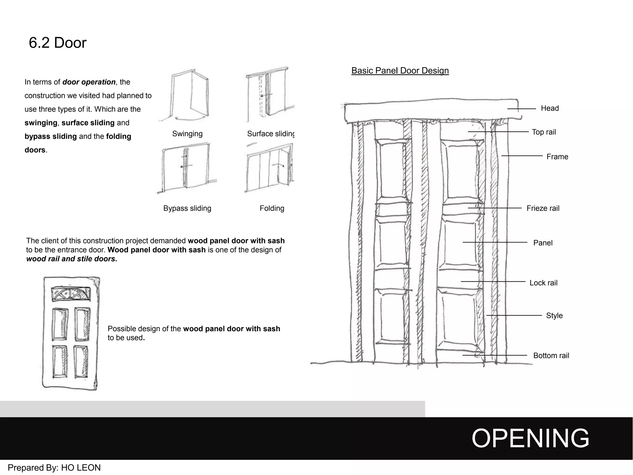 6.2 Door
Basic Panel Door Design
In terms of door operation, the
construction we visited had planned to
Head

use three types of it. Which are the
swinging, surface sliding and
bypass sliding and the folding

Swinging

Surface sliding

doors.

Top rail
Frame

Bypass sliding

Folding

The client of this construction project demanded wood panel door with sash
to be the entrance door. Wood panel door with sash is one of the design of
wood rail and stile doors.

Frieze rail

Panel

Lock rail

Style
Possible design of the wood panel door with sash
to be used.
Bottom rail

OPENING
Prepared By: HO LEON

 
