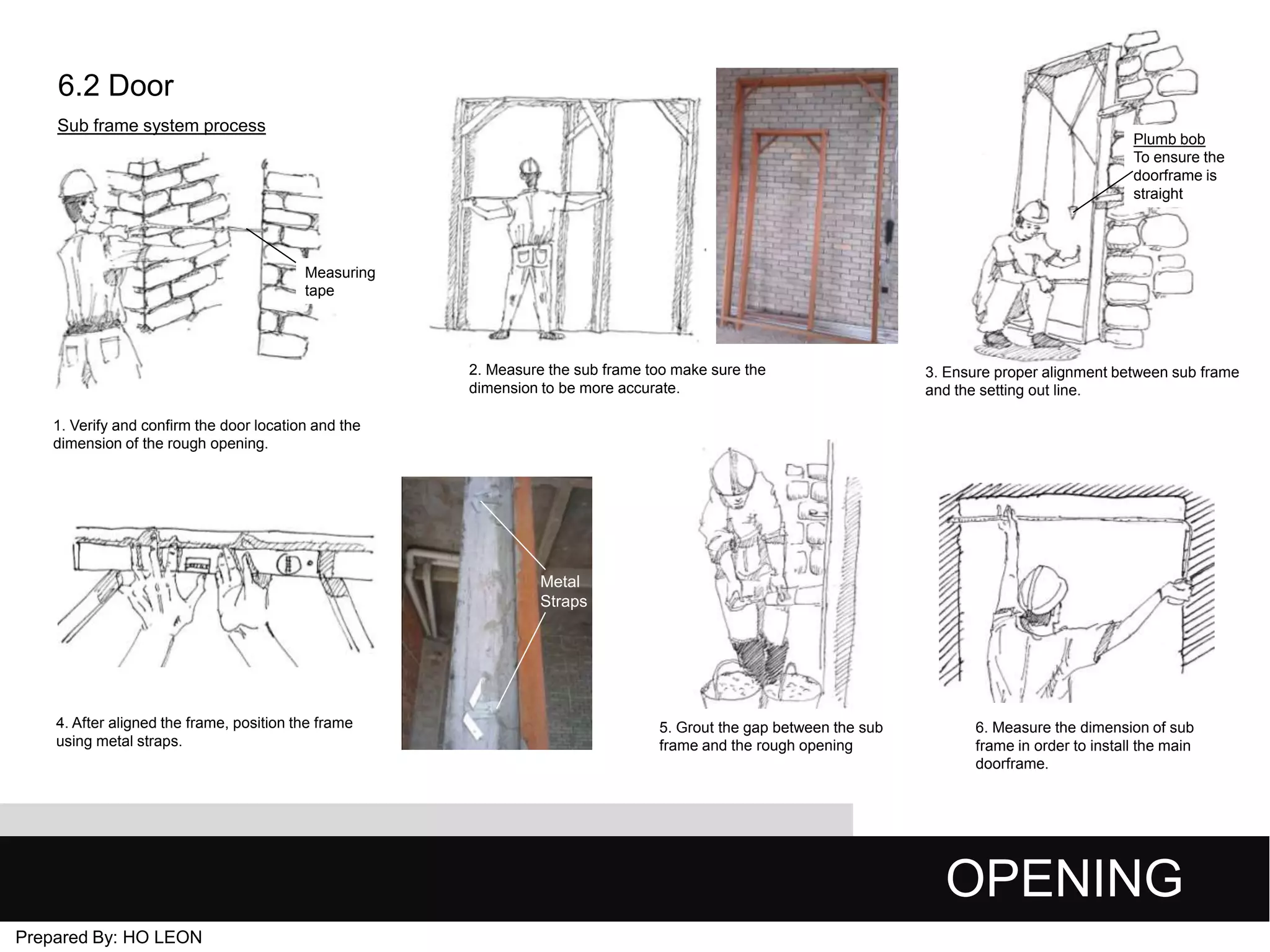 6.2 Door
Sub frame system process

Plumb bob
To ensure the
doorframe is
straight

Measuring
tape

2. Measure the sub frame too make sure the
dimension to be more accurate.

3. Ensure proper alignment between sub frame
and the setting out line.

1. Verify and confirm the door location and the
dimension of the rough opening.

Metal
Straps

4. After aligned the frame, position the frame
using metal straps.

5. Grout the gap between the sub
frame and the rough opening

6. Measure the dimension of sub
frame in order to install the main
doorframe.

OPENING
Prepared By: HO LEON

 