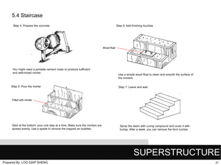 5.4 Staircase
Step 4: Prepare the concrete

Step 6: Add finishing touches

Wood float

You might need a portable cement mixer to produce sufficient
and well-mixed mortar.

Step 5: Pour the mortar

Use a simple wood float to clean and smooth the surface of
the mortars.
Step 7: Leave and wait

Filled with mortar

Start at the bottom; pour one step at a time. Make sure the mortars are
spread evenly. Use a spade to remove the trapped air bubbles.

Spray the stairs with curing compound and cover it with
burlap. After a week, you can remove the form lumber.

SUPERSTRUCTURE
Prepared By: LOO GIAP SHENG

37

 