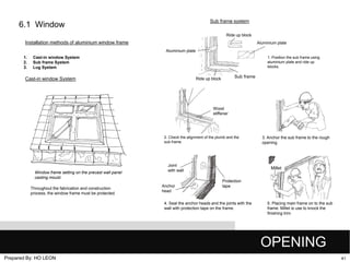 Sub frame system

6.1 Window

Ride up block

Installation methods of aluminium window frame

Aluminium plate
Aluminium plate

1.
2.
3.

Cast-in window System
Sub frame System
Lug System

1. Position the sub frame using
aluminium plate and ride up
blocks.

Cast-in window System

Sub frame

Ride up block

Wood
stiffener

2. Check the alignment of the plumb and the
sub frame

Window frame setting on the precast wall panel
casting mould.
Throughout the fabrication and construction
process, the window frame must be protected.

Joint
with wall

Anchor
head

3. Anchor the sub frame to the rough
opening.

Millet
Protection
tape

4. Seal the anchor heads and the joints with the
wall with protection tape on the frame.

5. Placing main frame on to the sub
frame. Millet is use to knock the
finishing trim.

OPENING
Prepared By: HO LEON

41

 