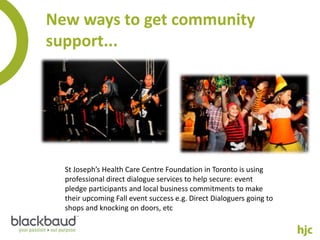 New ways to get community
support...




  St Joseph’s Health Care Centre Foundation in Toronto is using
  professional direct dialogue services to help secure: event
  pledge participants and local business commitments to make
  their upcoming Fall event success e.g. Direct Dialoguers going to
  shops and knocking on doors, etc
 