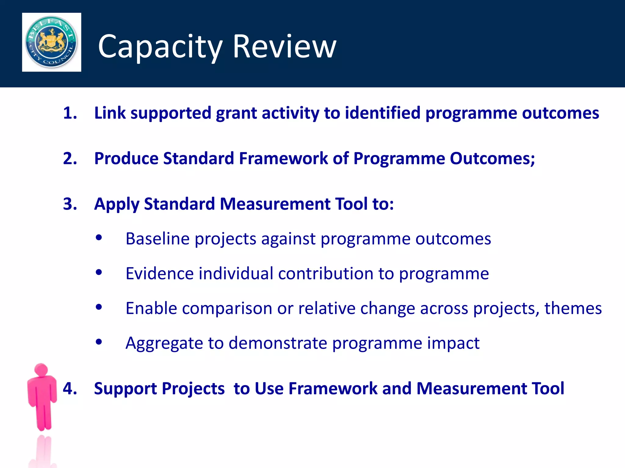 Capacity Review
1. Link supported grant activity to identified programme outcomes

2. Produce Standard Framework of Programme Outcomes;

3. Apply Standard Measurement Tool to:
   •   Baseline projects against programme outcomes
   •   Evidence individual contribution to programme
   •   Enable comparison or relative change across projects, themes
   •   Aggregate to demonstrate programme impact

4. Support Projects to Use Framework and Measurement Tool

                                                               68
 