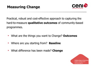 Measuring Change


Practical, robust and cost-effective approach to capturing the
hard-to-measure qualitative outcomes of community-based
programmes.


 What are the things you want to Change? Outcomes

 Where are you starting from? Baseline

 What difference has been made? Change
 