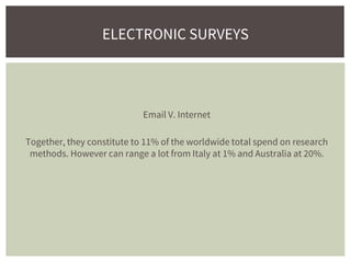 Email V. Internet
Together, they constitute to 11% of the worldwide total spend on research
methods. However can range a lot from Italy at 1% and Australia at 20%.
ELECTRONIC SURVEYS
 
