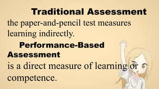 Traditional Assessment
the paper-and-pencil test measures
learning indirectly.
Performance-Based
Assessment
is a direct measure of learning or
competence.
 