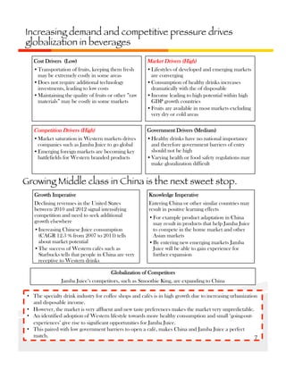 Increasing demand and competitive pressure drives
globalization in beverages
Cost Drivers (Low)
• Transportation of fruits, keeping them fresh
may be extremely costly in some areas
• Does not require additional technology
investments, leading to low costs
• Maintaining the quality of fruits or other ”raw
materials” may be costly in some markets

Market Drivers (High)
• Lifestyles of developed and emerging markets
are converging
• Consumption of healthy drinks increases
dramatically with the of disposable
• Income leading to high potential within high
GDP growth countries
• Fruits are available in most markets excluding
very dry or cold areas

Competition Drivers (High)
• Market saturation in Western markets drives
companies such as Jamba Juice to go global
• Emerging foreign markets are becoming key
battlefields for Western branded products

Government Drivers (Medium)
• Healthy drinks have no national importance
and therefore government barriers of entry
should not be high
• Varying health or food safety regulations may
make glozalization difficult

Growing Middle class in China is the next sweet stop. 
Growth Imperative
Declining revenues in the United States
between 2010 and 2012 signal intensifying
competition and need to seek additional
growth elsewhere
• Increasing Chinese Juice consumption
(CAGR 12.3 % from 2007 to 2011) tells
about market potential
• The success of Western cafés such as
Starbucks tells that people in China are very
receptive to Western drinks

Knowledge Imperative
Entering China or other similar countries may
result in positive learning effects
• For example product adaptation in China
may result in products that help Jamba Juice
to compete in the home market and other
Asian markets
• By entering new emerging markets Jamba
Juice will be able to gain experience for
further expansion

Globalization of Competitors
Jamba Juice’s competitors, such as Smoothie King, are expanding to China
•  The specialty drink industry for coffee shops and cafés is in high growth due to increasing urbanization
and disposable income.
•  However, the market is very affluent and new taste preferences makes the market very unpredictable.
•  An identified adoption of Western lifestyle towards more healthy consumption and small ‘going-outexperiences’ give rise to significant opportunities for Jamba Juice.
•  This paired with low government barriers to open a café, makes China and Jamba Juice a perfect
match.
7	
  

 