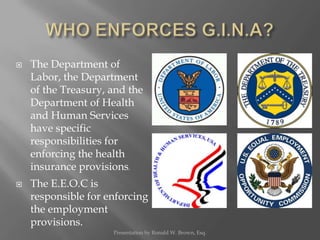 WHO ENFORCES G.I.N.A?<br />The Department of Labor, the Department of the Treasury, and the Department of Health and Human...