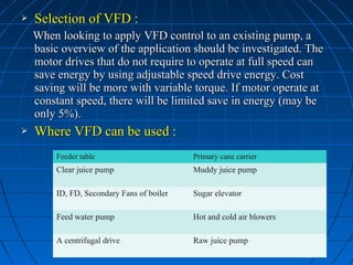  Selection of VFD :Selection of VFD :
When looking to apply VFD control to an existing pump, aWhen looking to apply VFD control to an existing pump, a
basic overview of the application should be investigated. Thebasic overview of the application should be investigated. The
motor drives that do not require to operate at full speed canmotor drives that do not require to operate at full speed can
save energy by using adjustable speed drive energy. Costsave energy by using adjustable speed drive energy. Cost
saving will be more with variable torque. If motor operate atsaving will be more with variable torque. If motor operate at
constant speed, there will be limited save in energy (may beconstant speed, there will be limited save in energy (may be
only 5%).only 5%).
 Where VFD can be used :Where VFD can be used :
Feeder table Primary cane carrier
Clear juice pump Muddy juice pump
ID, FD, Secondary Fans of boiler Sugar elevator
Feed water pump Hot and cold air blowers
A centrifugal drive Raw juice pump
 
