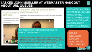 I  ASKED  JOHN  MUELLER  AT  WEBMASTER  HANGOUT  
ABOUT  URL  QUEUES
14
GOOGLE	
  
WEBMASTER	
  
HANGOUT	
  
QUESTION	
  O...