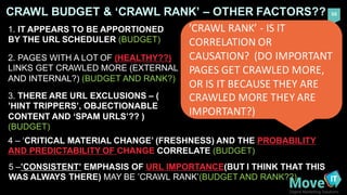 50CRAWL  BUDGET  &  ‘CRAWL  RANK’  – OTHER  FACTORS??
1.  IT  APPEARS  TO  BE  APPORTIONED  
BY  THE  URL  SCHEDULER  (BUD...