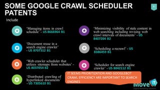 ‘Managing items in crawl
schedule’ - US	
  8666964	
  B1
Include
5SOME  GOOGLE  CRAWL  SCHEDULER  
PATENTS
‘Scheduling a r...