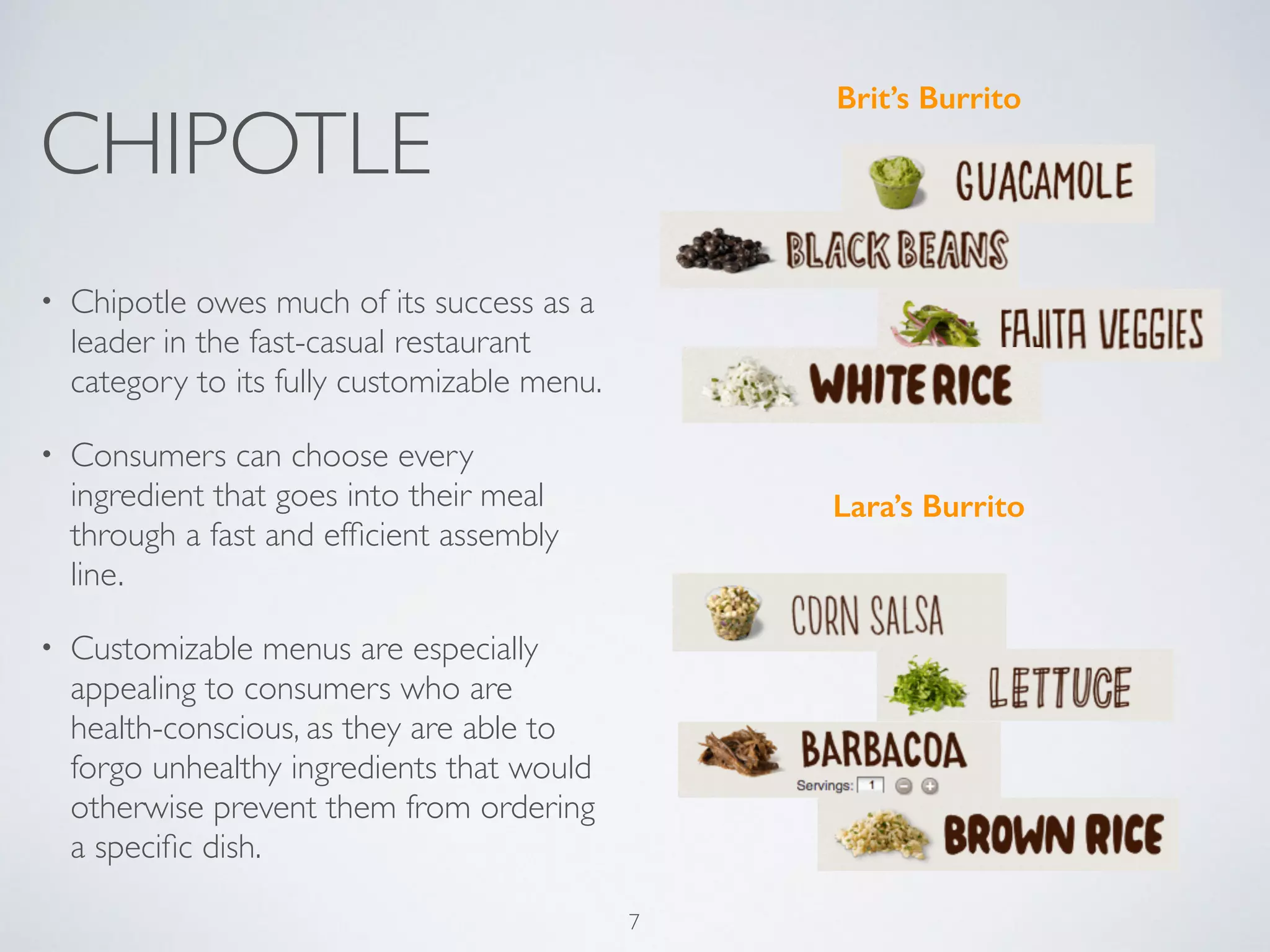 CHIPOTLE 
• Chipotle owes much of its success as a 
leader in the fast-casual restaurant 
category to its fully customizable menu. 
• Consumers can choose every 
ingredient that goes into their meal 
through a fast and efficient assembly 
line. 
• Customizable menus are especially 
appealing to consumers who are 
health-conscious, as they are able to 
forgo unhealthy ingredients that would 
otherwise prevent them from ordering 
a specific dish. 
Brit’s Burrito 
Lara’s Burrito 
7 
 