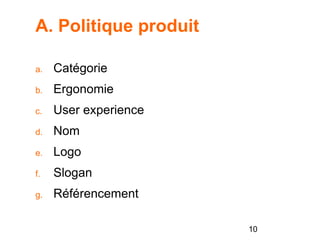 A. Politique produit
a. Catégorie
b. Ergonomie
c. User experience
d. Nom
e. Logo
f. Slogan
g. Référencement
10
 