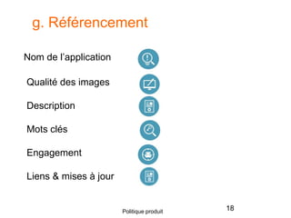 g. Référencement
Nom de l’application
18Politique produit
Qualité des images
Description
Mots clés
Engagement
Liens & mises à jour
 