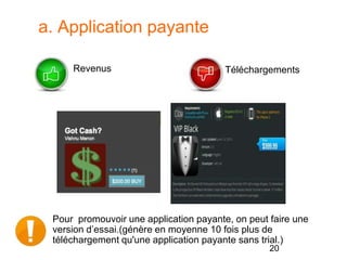 a. Application payante
Pour promouvoir une application payante, on peut faire une
version d’essai.(génère en moyenne 10 fois plus de
téléchargement qu'une application payante sans trial.)
20
Revenus Téléchargements
 