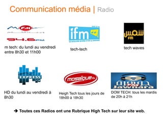 Communication média | Radio
DOM TECH: tous les mardis
de 20h à 21h
HD du lundi au vendredi à
8h30
m tech: du lundi au vendredi
entre 8h30 et 11h00
tech-tech tech waves
 Toutes ces Radios ont une Rubrique High Tech sur leur site web.
Heigh Tech tous les jours de
18h00 à 18h30
 