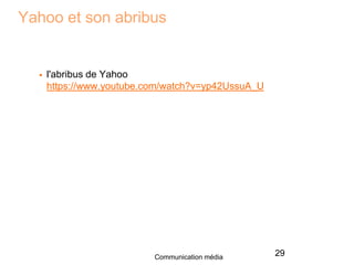 Yahoo et son abribus
29Communication média
 l'abribus de Yahoo
https://www.youtube.com/watch?v=yp42UssuA_U
 