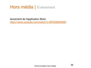 Hors média | Evénement
36Communication hors média
lancement de l'application Stran
https://www.youtube.com/watch?v=BF6Q90Md90I
 