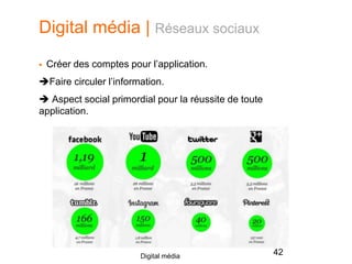 Digital média | Réseaux sociaux
 Créer des comptes pour l’application.
Faire circuler l’information.
 Aspect social primordial pour la réussite de toute
application.
42Digital média
 