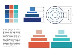 Quatre cylindres à empiler,
déclinés de différentes couleurs
en fonction des pôles du test.
Comme les briques d’un jeu de
construction, l’intérêt est de venir
poser son élément au fur est à
mesure pour élever la structure.
Leur taille permet d’obtenir une
construction d’environ 30 à 40 cm.
L’empilement peut donc se faire à
plusieurs. La hauteur et la stabilité
de l’édifice permet d’évaluer les
risques liés à l’algorithme.
 