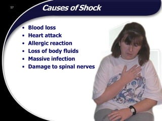 57
ADEPTUS INPECTION AND TESTING UK LIMITED
Causes of Shock
• Blood loss
• Heart attack
• Allergic reaction
• Loss of body fluids
• Massive infection
• Damage to spinal nerves
57
© 2002 Abertay Nationwide Training
 