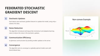 FEDERATED STOCHASTIC
GRADIENT DESCENT
1 Stochastic Updates
Each device uses stochastic gradient descent to update the model, using only a
subset of its data.
2 Noise Reduction
The algorithm introduces techniques like momentum and adaptive learning
rates to reduce the noise in the stochastic updates.
3 Communication Efficiency
It optimizes communication by sending smaller updates to the server.
4 Convergence
The algorithm aims to converge to a globally optimal model, even with
decentralized data.
 