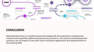 Conclusion and Future Directions
Federated learning is a transformative technology with the potential to revolutionize
machine learning while addressing data privacy concerns. As research and development
continue, we can expect to see even more innovative applications and advancements in
this exciting field.
CONCLUSION
 