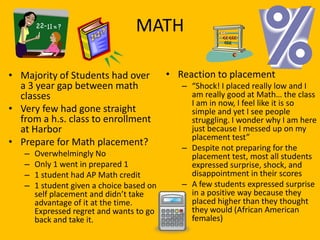MATH

• Majority of Students had over            • Reaction to placement
  a 3 year gap between math                   – “Shock! I placed really low and I
  classes                                       am really good at Math… the class
                                                I am in now, I feel like it is so
• Very few had gone straight                    simple and yet I see people
  from a h.s. class to enrollment               struggling. I wonder why I am here
  at Harbor                                     just because I messed up on my
                                                placement test”
• Prepare for Math placement?
                                              – Despite not preparing for the
   –   Overwhelmingly No                        placement test, most all students
   –   Only 1 went in prepared 1                expressed surprise, shock, and
   –   1 student had AP Math credit             disappointment in their scores
   –   1 student given a choice based on      – A few students expressed surprise
       self placement and didn’t take           in a positive way because they
       advantage of it at the time.             placed higher than they thought
       Expressed regret and wants to go         they would (African American
       back and take it.                        females)
 