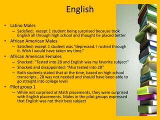 English
• Latino Males
   – Satisfied; except 1 student being surprised because took
     English all through high school and thought he placed better
• African American Males
   – Satisfied; except 1 student was “depressed. I rushed through
     it. Wish I would have taken my time.”
• African American Females
   – Shocked: “Tested into 28 and English was my favorite subject”
   – Shocked and disappointed: “Also tested into 28”
   – Both students stated that at the time, based on high school
     transcripts , 28 was not needed and should have been able to
     go straight into college level
• Pilot group 1
   – While not surprised at Math placements, they were surprised
     with English placements. Males in the pilot groups expressed
     that English was not their best subject
 