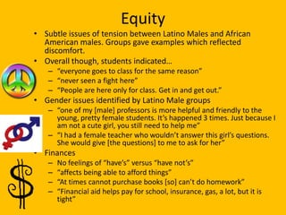 Equity
• Subtle issues of tension between Latino Males and African
  American males. Groups gave examples which reflected
  discomfort.
• Overall though, students indicated…
   – “everyone goes to class for the same reason”
   – “never seen a fight here”
   – “People are here only for class. Get in and get out.”
• Gender issues identified by Latino Male groups
   – “one of my *male+ professors is more helpful and friendly to the
     young, pretty female students. It’s happened 3 times. Just because I
     am not a cute girl, you still need to help me”
   – “I had a female teacher who wouldn’t answer this girl’s questions.
     She would give *the questions+ to me to ask for her”
• Finances
   –   No feelings of “have’s” versus “have not’s”
   –   “affects being able to afford things”
   –   “At times cannot purchase books *so+ can’t do homework”
   –   “Financial aid helps pay for school, insurance, gas, a lot, but it is
       tight”
 