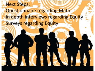 Next Steps:
Questionnaire regarding Math
In depth interviews regarding Equity
Surveys regarding Equity
 