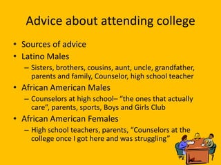 Advice about attending college
• Sources of advice
• Latino Males
  – Sisters, brothers, cousins, aunt, uncle, grandfather,
    parents and family, Counselor, high school teacher
• African American Males
  – Counselors at high school– “the ones that actually
    care”, parents, sports, Boys and Girls Club
• African American Females
  – High school teachers, parents, “Counselors at the
    college once I got here and was struggling”
 