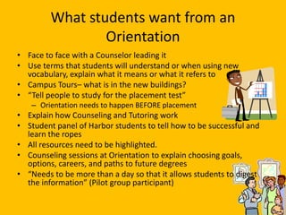 What students want from an
                 Orientation
• Face to face with a Counselor leading it
• Use terms that students will understand or when using new
  vocabulary, explain what it means or what it refers to
• Campus Tours– what is in the new buildings?
• “Tell people to study for the placement test”
   – Orientation needs to happen BEFORE placement
• Explain how Counseling and Tutoring work
• Student panel of Harbor students to tell how to be successful and
  learn the ropes
• All resources need to be highlighted.
• Counseling sessions at Orientation to explain choosing goals,
  options, careers, and paths to future degrees
• “Needs to be more than a day so that it allows students to digest
  the information” (Pilot group participant)
 