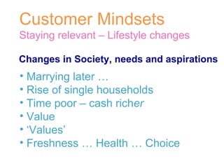 Customer Mindsets Staying relevant – Lifestyle changes Marrying later … Rise of single households Time poor – cash rich er Value ‘ Values’ Freshness … Health … Choice Changes in Society, needs and aspirations 
