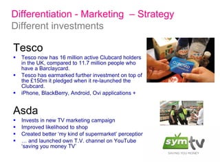 Tesco  Tesco now has 16 million active Clubcard holders in the UK, compared to 11.7 million people who have a Barclaycard. Tesco has earmarked further investment on top of the £150m it pledged when it re-launched the Clubcard. iPhone, BlackBerry, Android, Ovi applications + Asda Invests in new TV marketing campaign Improved likelihood to shop Created better ‘my kind of supermarket’ perception …  and launched own T.V. channel on YouTube ‘saving you money TV’ Differentiation - Marketing  – Strategy Different investments 