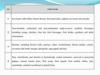 NO FOOD ITEMS
1 Ice-cream, milk lollies, frozen dessert, flavoured milk, yoghurt, ice-cream mix powder
2
Non-alcoholic carbonated and non-carbonated ready-to-serve synthetic beverages
including syrups, sherbets, fruit bar, fruit beverages, fruit drinks, synthetic soft drink
concentrates
3
Biscuits, including biscuit wafer, pastries, cakes, confectionery, thread candies, sweets,
savouries (dal moth, mongio, phulgulab, sago papad, dal biji)
4
Peas, strawberries and cherries in hermatically sealed containers, reserved or processed
papaya, canned tomato juice, fruit syrup, fruit squash, fruit cordial, jellies, jam,
marmalade, candied crystallised or glazed fruits
 