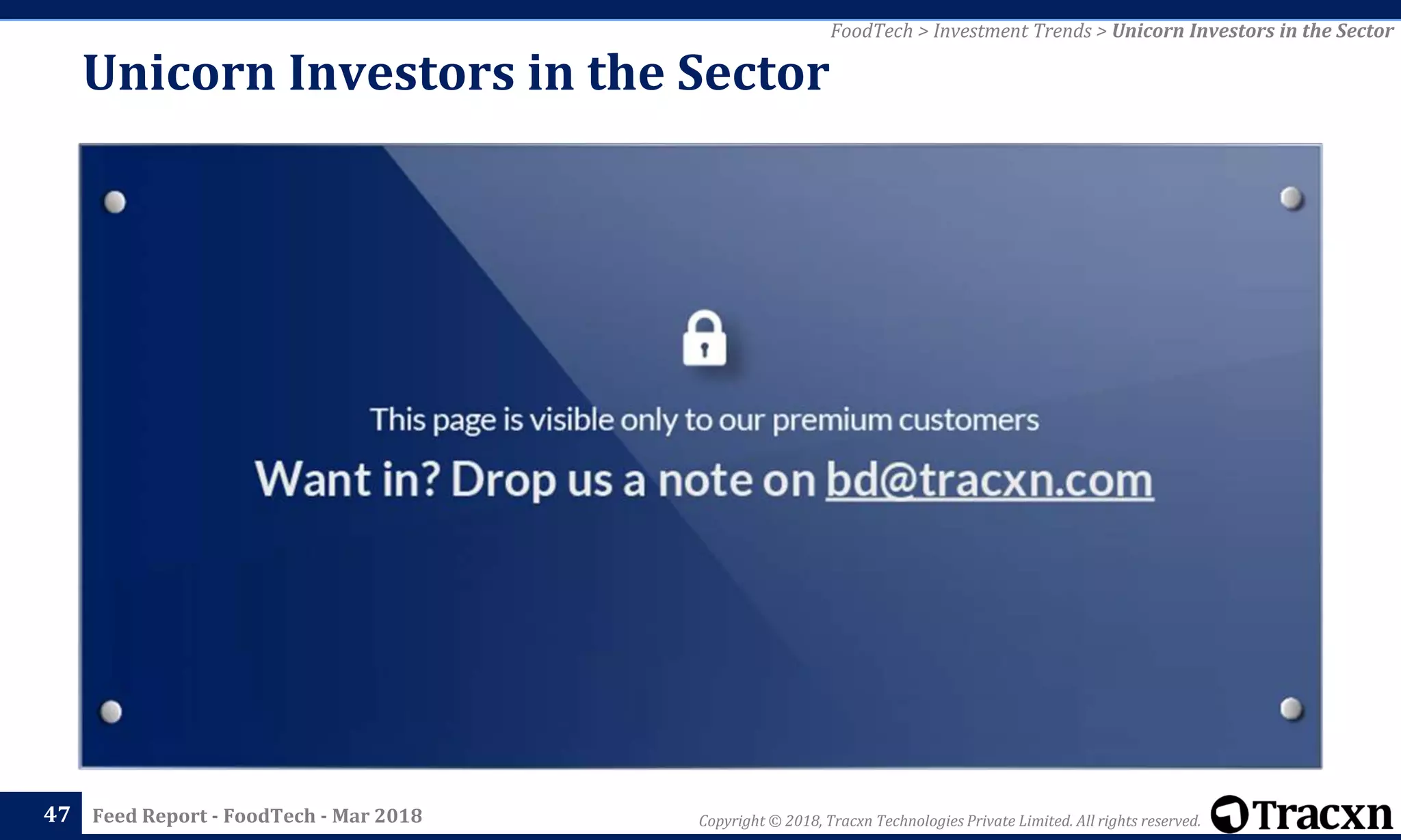 Copyright © 2018, Tracxn Technologies Private Limited. All rights reserved.Feed Report - FoodTech - Mar 201847
FoodTech > Investment Trends > Unicorn Investors in the Sector
Unicorn Investors in the Sector
 