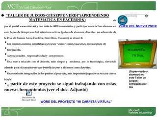 <Insertar Título delpreguntas, fotos, videos, material y software aportado
Con más de 900 publicaciones (imágenes, Proyecto>

por el portal www.educ.ar) y casi más de 4000 comentarios y participaciones de los alumnos en    VIDEO DEL NUEVO PROYE
este lapso de tiempo, con 160 miembros activos (padres de alumnos, docentes no solamente de

la Pcia. de Buenos Aires, Cordoba, Entre Rios, Ecuador), se observó:
•Los mismos alumnos solicitaban ejercicios “duros” como ecuaciones, inecuaciones etc
•Integración.                                                                                     <Insertar una imagen
•Autovaloración. responsabilidad y compromiso.                                                    que ilustre el título del
                                                                                                  proyecto o los recursos
•Una nueva relación con el docente, más simple y moderna. por lo tecnológica, sirviendo           de aprendizaje que se
                                                                                                  utilizan en el aula>
además para el acercamiento que beneficia tanto a alumnos como docentes.
•Una excelente integración de los padres al proyecto, mas importante jugando en su casa con su          (Supervisado y
                                                                                                        alumnos en
                                                                                                        este Taller de
hijo/a.
                                                                                                        juegos)
•A partir de este proyecto se siguó trabajando con estas                                                entregado por
                                                                                                        los
nuevas herramientas (ver el doc. Adjunto)
               Documento de
               Microsoft Word
                                WORD DEL PROYECTO "MI CARPETA VIRTUAL"
 
