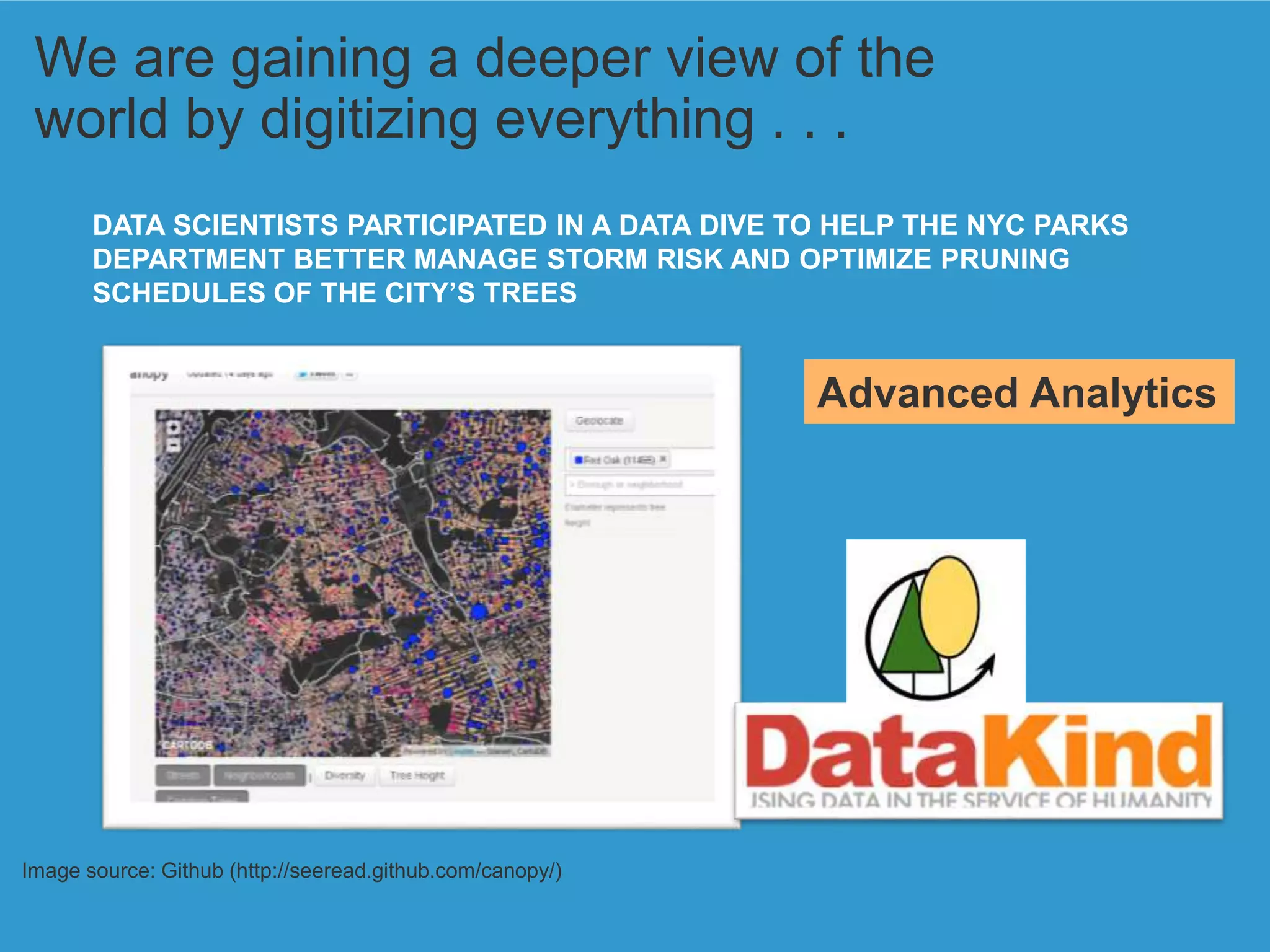 © 2013 Forrester Research, Inc. Reproduction Prohibited 18
We are gaining a deeper view of the
world by digitizing everything . . .
Image source: Github (http://seeread.github.com/canopy/)
DATA SCIENTISTS PARTICIPATED IN A DATA DIVE TO HELP THE NYC PARKS
DEPARTMENT BETTER MANAGE STORM RISK AND OPTIMIZE PRUNING
SCHEDULES OF THE CITY’S TREES
Advanced Analytics
 