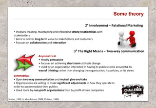 Some theory
2° Involvement – Relational Marketing
• Involves creating, maintaining and enhancing strong relationships with
stakeholders
• Aims to deliver long-term value to stakeholders and costumers
• Focuses on collaboration and interaction
(Kotler, 1999, in Muzi Falconi, 2008; Childers, 1989)
3° The Right Means – Two-way communication
Asymmetrical
• Mostly persuasive
• Focuses on achieving short-term attitude change
• Used by an organization interested in having its publics come around to its
way of thinking rather than changing the organization, its policies, or its views
Symmetrical
• Open two-way communication and mutual give-and-take
• Organizations are willing to make significant adjustments in how they operate in
order to accommodate their publics
• Used more by non-profit organizations than by profit-driven companies
 