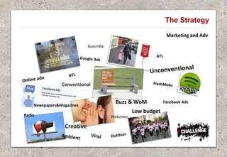The Strategy
Marketing and Adv
Guerrilla
Conventional
Facebook Ads
ATL
Radio
Low budget
Buzz & WoM
Newspapers&Magazines
Webzines
Creative
 