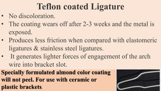 Specially formulated almond color coating
will not peel. For use with ceramic or
plastic brackets.
Teflon coated Ligature
• No discoloration.
• The coating wears off after 2-3 weeks and the metal is
exposed.
• Produces less friction when compared with elastomeric
ligatures & stainless steel ligatures.
• It generates lighter forces of engagement of the arch
wire into bracket slot.
 