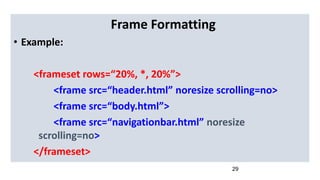 29
Frame Formatting
• Example:
<frameset rows=“20%, *, 20%”>
<frame src=“header.html” noresize scrolling=no>
<frame src=“body.html”>
<frame src=“navigationbar.html” noresize
scrolling=no>
</frameset>
 